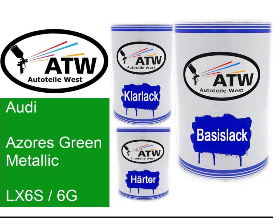 Audi, Azores Green Metallic, LX6S / 6G: 500ml Lackdose + 500ml Klarlack + 250ml Härter - Set, von ATW Autoteile West.